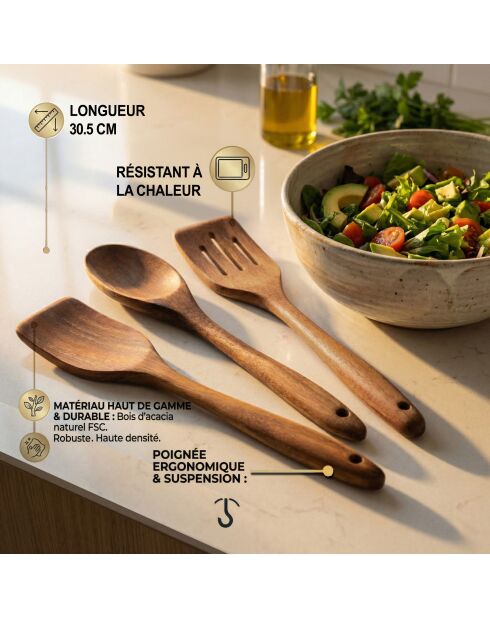 Set de 3 ustensiles en bois d'acacia Emile marron - 30.5x5x5 cm