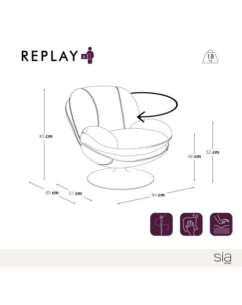 Fauteuil pivotant Replay en velours texturé moutarde - 85x84x85 cm