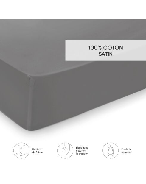 Drap-housse satin de coton Uni Gris clair
