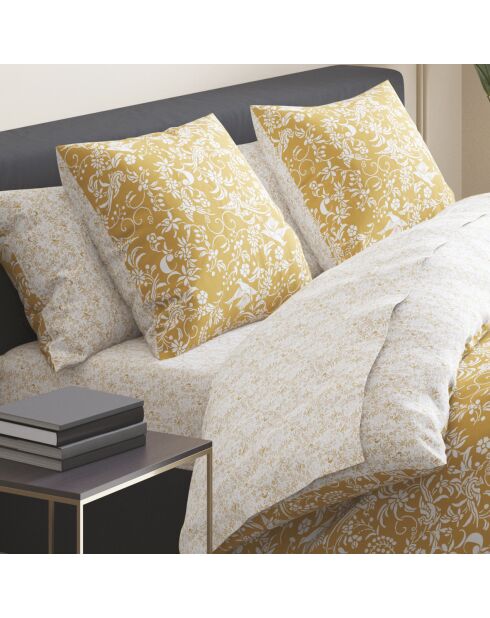 Drap-housse satin de coton Birds Blanc / Jaune