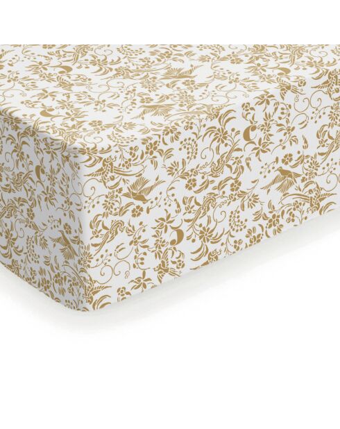 Drap-housse satin de coton Birds Blanc / Jaune