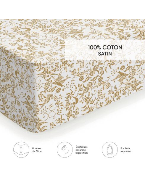Drap-housse satin de coton Birds Blanc / Jaune
