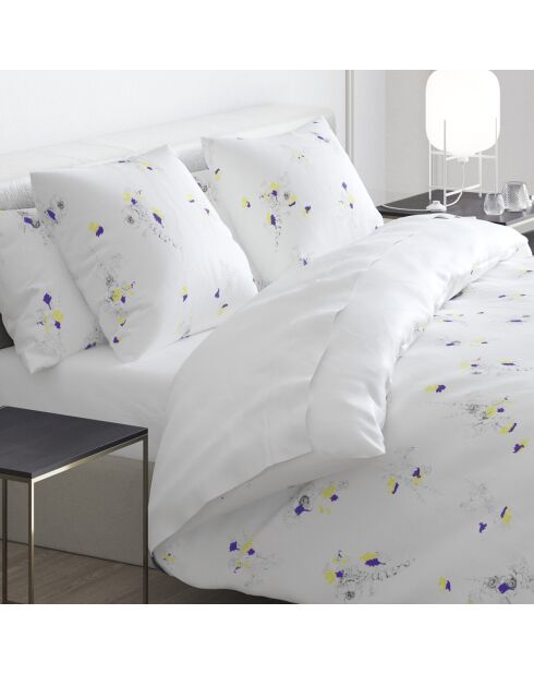 Housse de couette + 2 taies d'oreiller satin de coton Esquisse Floral Blanc