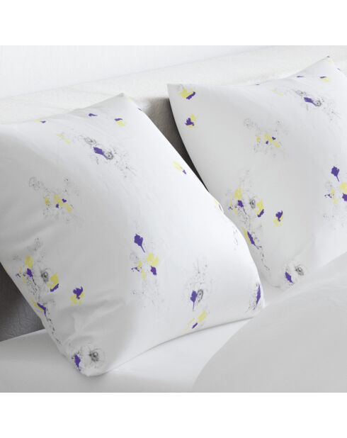 Housse de couette + 2 taies d'oreiller satin de coton Esquisse Floral Blanc