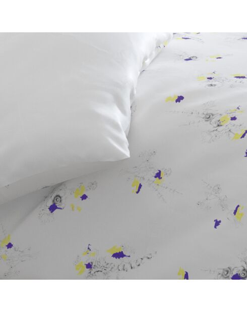 Housse de couette + 2 taies d'oreiller satin de coton Esquisse Floral Blanc