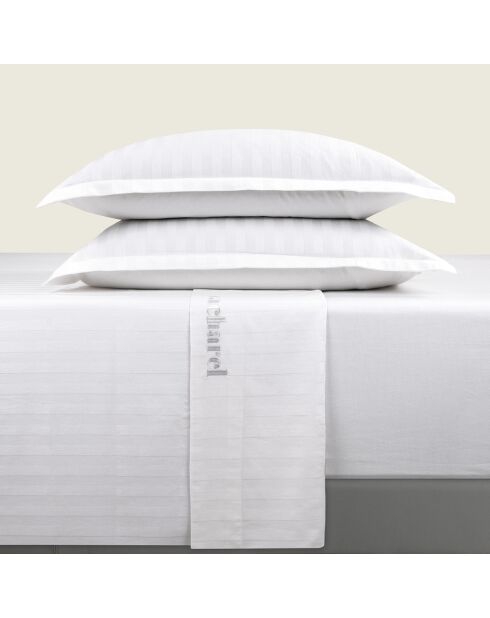 Parure drap plat + drap-housse + taies rectangles satin de coton rayure tissé dobby - Dobby stripe woven Blanc