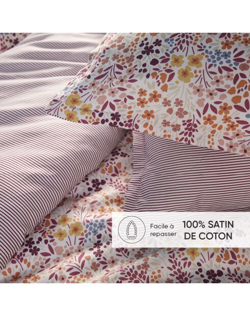 Drap plat satin de coton - Fleurs des champs Bordeaux
