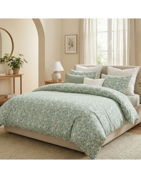 Drap plat satin de coton - Feuillage fleuri Vert clair / Vert clair