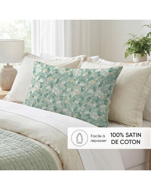 Drap plat satin de coton - Feuillage fleuri Vert clair / Vert clair