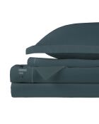 Parure drap plat + drap-housse + taies rectangles satin de coton - Uni 1 baratta Bleu 08