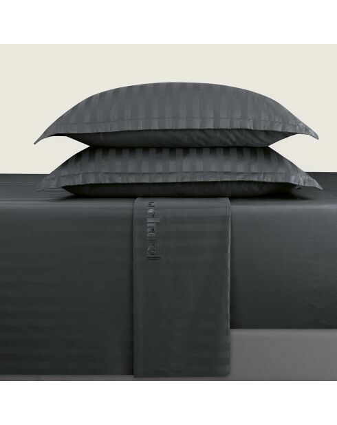 Parure drap plat + drap-housse + taies carrées satin de coton rayure tissé dobby - Dobby stripe woven Noir