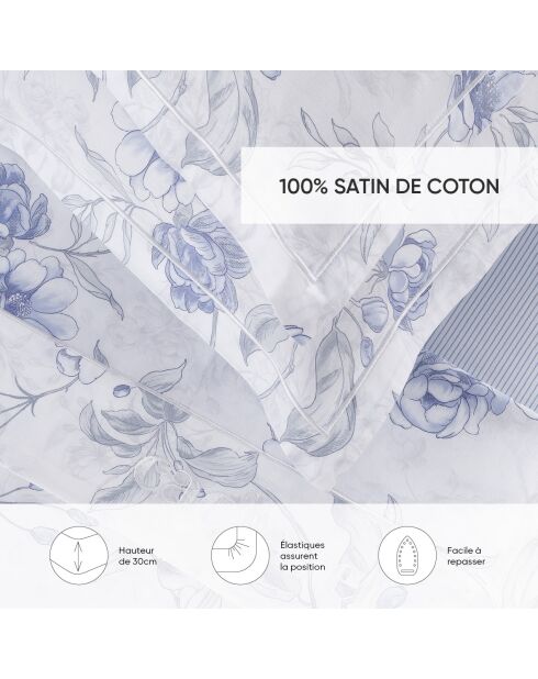 Drap-housse satin de coton - Rayures fines Bleu clair
