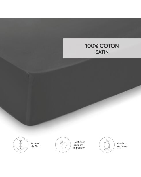 Drap-housse satin de coton Uni Gris foncé