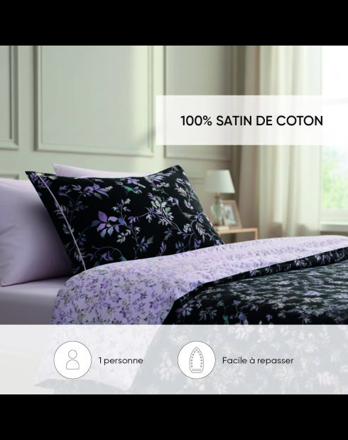 Parure housse de couette satin de coton Eden Sauvage Noir