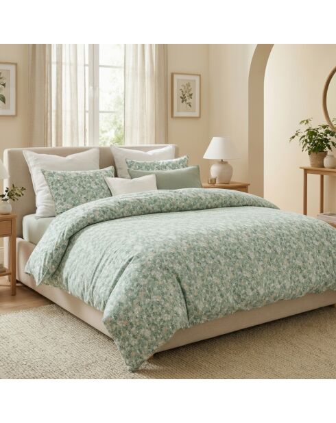 Parure housse de couette satin de coton - Feuillage fleuri Vert clair