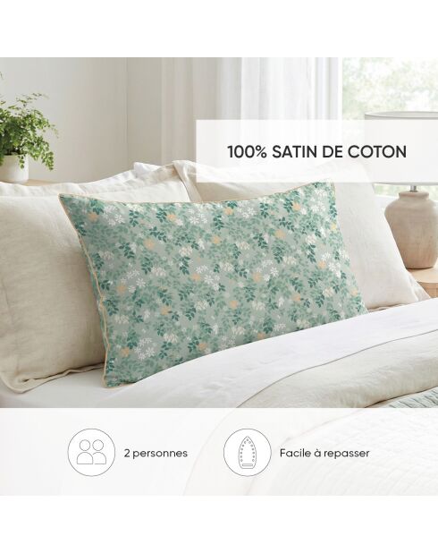 Parure housse de couette satin de coton - Feuillage fleuri Vert clair