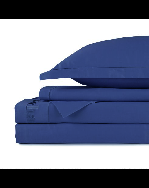 Parure drap plat + drap-housse + taies carrées satin de coton - Uni 1 baratta Bleu 06