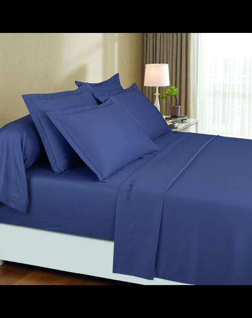 Parure drap plat + drap-housse + taies carrées satin de coton - Uni 1 baratta Bleu 06
