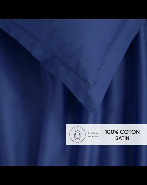 Parure drap plat + drap-housse + taies carrées satin de coton - Uni 1 baratta Bleu 06