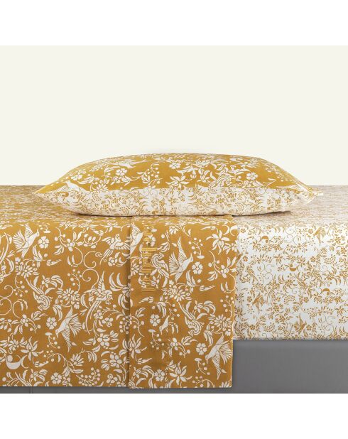Parure drap plat + drap-housse + taie rectangle en satin de coton dessin Birds Jaune