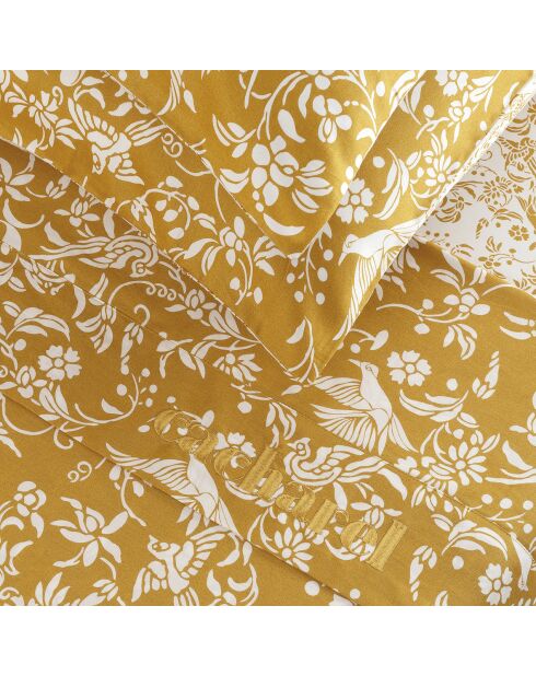 Parure drap plat + drap-housse + taie rectangle en satin de coton dessin Birds Jaune