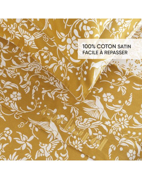 Parure drap plat + drap-housse + taie rectangle en satin de coton dessin Birds Jaune