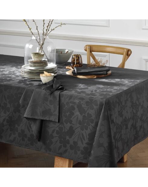 Set de 4 serviettes tissé Jacquard Petites Fleurs Gris foncé - 50 x 50 cm