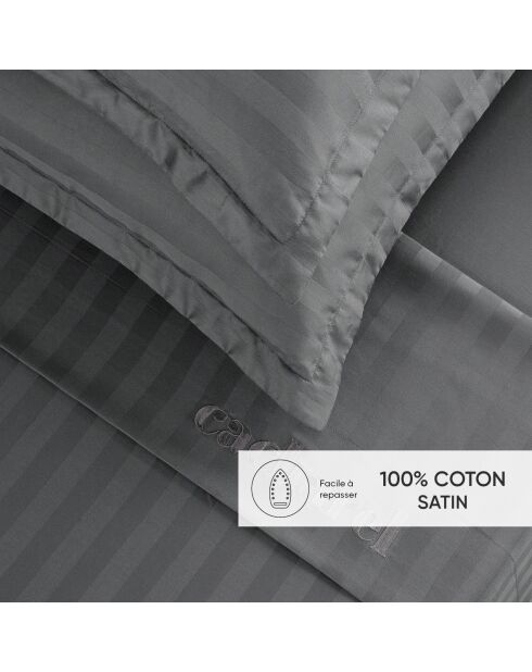 Parure drap plat + drap-housse + taies carrées satin de coton rayure tissé dobby - Dobby stripe woven Gris foncé