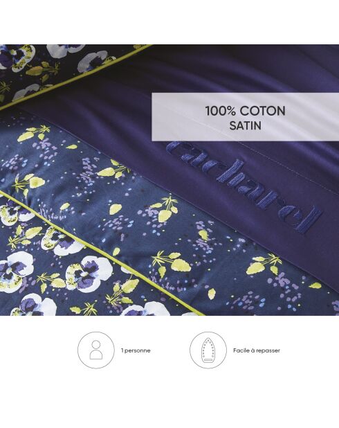 Parure housse de couette satin de coton Pansy small Blue foncé