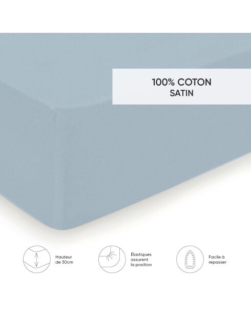Drap-housse satin de coton Uni Bleu sarcelle
