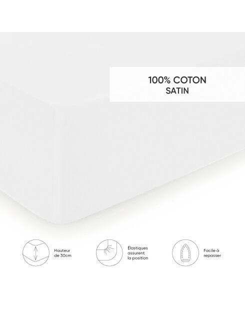 Drap-housse satin de coton Uni Blanc