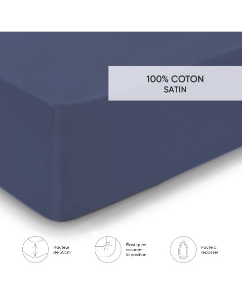 Drap-housse satin de coton Uni Bleu marine