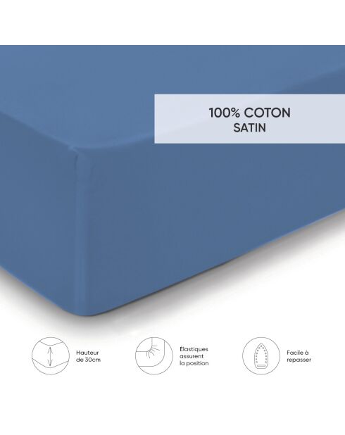 Drap-housse satin de coton Uni Bleu