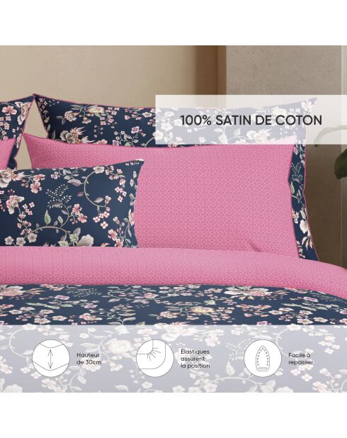 Drap-housse satin de coton Marie fleurs Rose