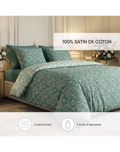 Parure housse de couette satin de coton - Feuillage fleuri Vert foncé