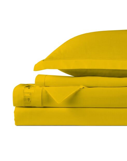 Parure drap plat + drap-housse + taies carrées satin de coton - Uni 1 baratta Jaune 02