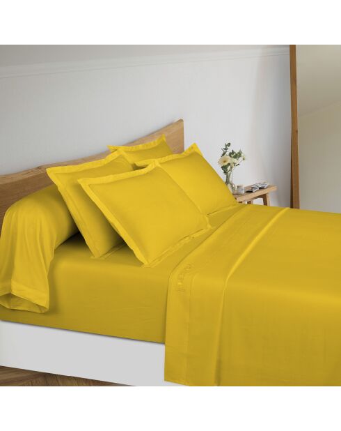 Parure drap plat + drap-housse + taies carrées satin de coton - Uni 1 baratta Jaune 02