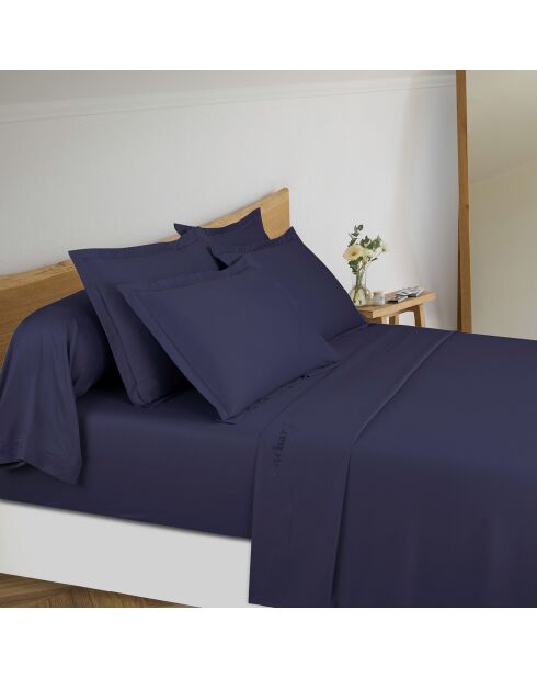Parure drap plat + drap-housse + taies carrées satin de coton - Uni 1 baratta Bleu 04
