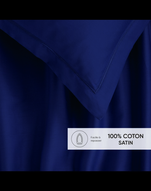 Parure drap plat + drap-housse + taies carrées satin de coton - Uni 1 baratta Bleu 04