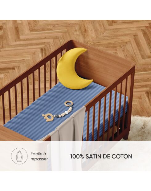 Housse de couette + taie d'oreiller bébé satin de coton rayure tissé Jacquard Bleu - 100 x 135 cm