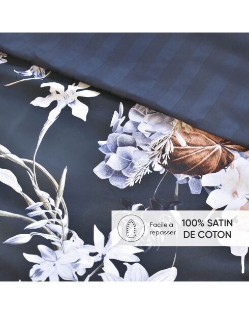 Set de 2 taies d'oreiller satin de coton Bouquet d'hortensias Bleu foncé - 2 x (50 x 70 cm)