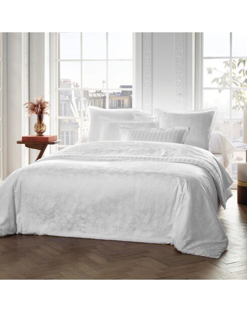 Set de 2 taies d'oreiller satin de coton tissé Jacquard Petites Fleurs Blanc - 63 x 63 cm