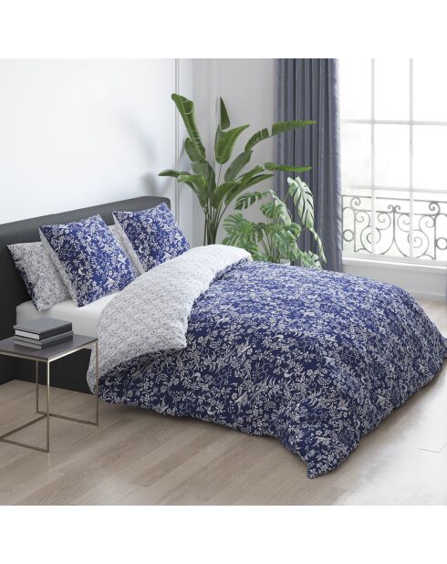 Housse de couette + 2 taies d'oreiller satin de coton Birds Bleu