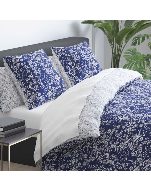 Housse de couette + 2 taies d'oreiller satin de coton Birds Bleu