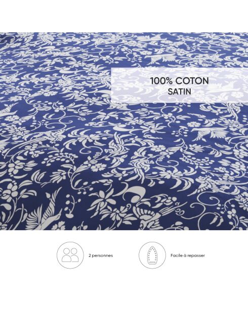 Housse de couette + 2 taies d'oreiller satin de coton Birds Bleu