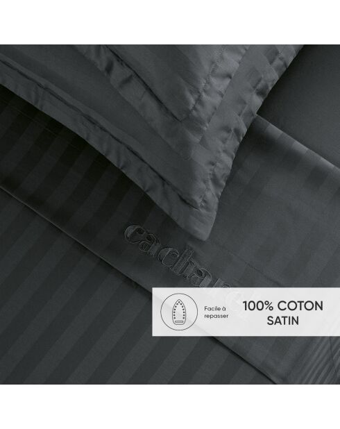 Parure drap plat + drap-housse + taies rectangles satin de coton rayure tissé dobby - Dobby stripe woven Noir