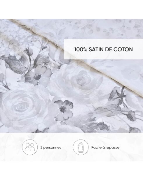 Parure housse de couette satin de coton Pétale de rose Noir / Blanc