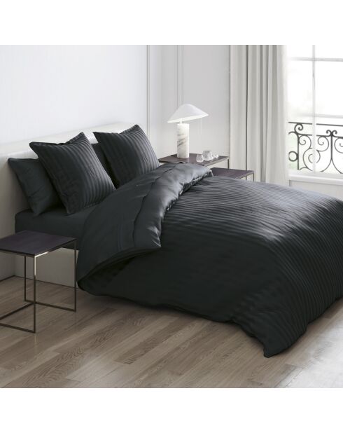 Set de 2 taies d'oreiller satin de coton rayure tissé Jacquard Noir - 63 x 63 cm