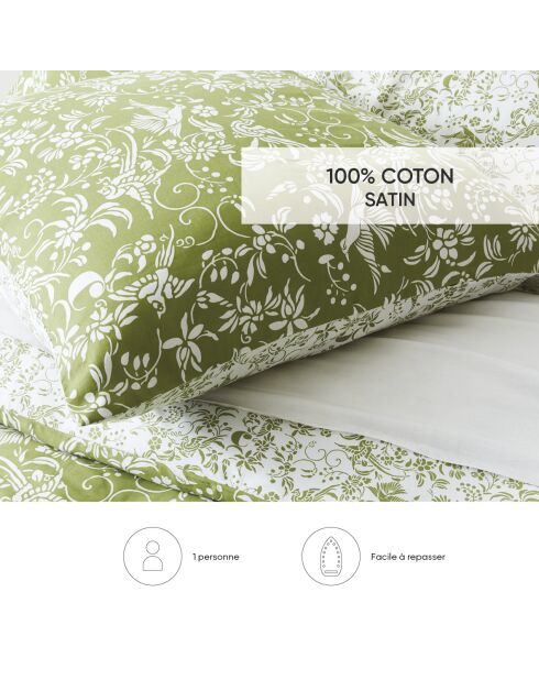 Parure housse de couette satin de coton Birds Vert olive