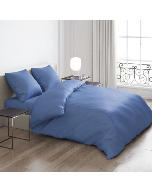 Housse de couette + 2 taies d'oreiller satin de coton Uni Bleu